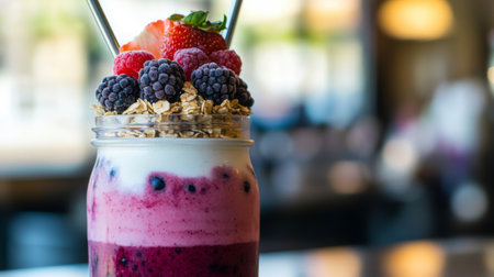 A close-up of a layered smoothie in a mason jar, with distinct layers of yogurt, berry puree, and granola, topped with fresh fruits.の素材