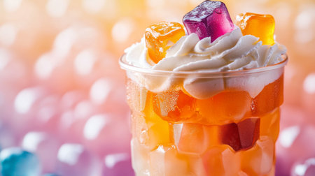 A close-up of a fruity bubble tea, highlighting the colorful jelly cubes and pearls with a layer of whipped cream on top.の素材