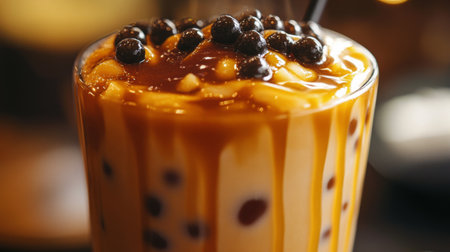 A macro shot of black tapioca pearls in a rich brown sugar milk tea, with the syrupy caramel swirls clinging to the sides of the glass.の素材