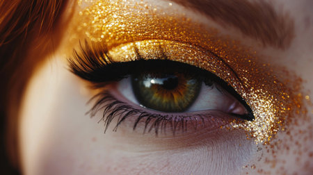 A macro shot of a woman's eye with a glittering gold eyeshadow and precise black eyeliner, capturing the intricate detail of her makeup.の素材