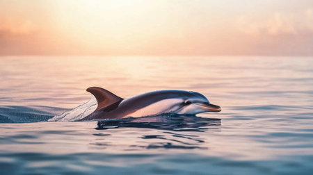 A dolphin's dorsal fin breaking the surface of the water as it swims in a calm ocean at dawn, with soft pink and orange hues in the sky.の素材