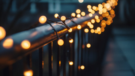 A macro shot of a railing decorated with string lights, capturing the soft glow of the lights as they wrap around the metal barsの素材