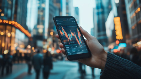 A financial graph with sharp rises and falls, displayed on a smartphone screen held by a businessperson in a bustling urban environment.の素材