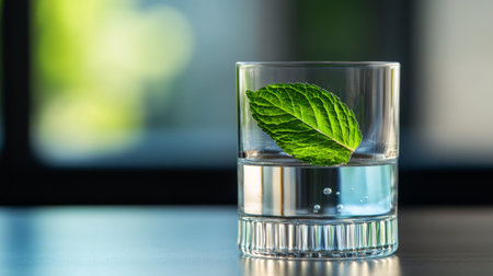 Close-up of a glass of still water with a mint leaf floating on topの素材