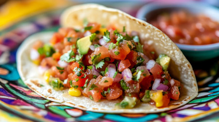 Close-up of a corn tortilla with fresh toppings, set on a vibrant plate with a side of salsaの素材