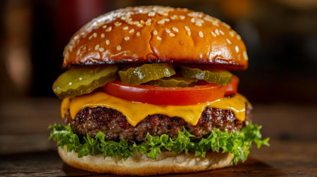 Close-up of a juicy cheeseburger with lettuce, tomato, and pickles on a wooden tableの素材