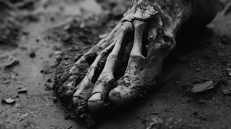 Close-up of a foot stepping on the ground, emphasizing the arch and bone structureの素材