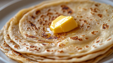 Close-up of a perfectly folded roti with visible layers, served on a clean white plate with a dollop of butter melting on topの素材