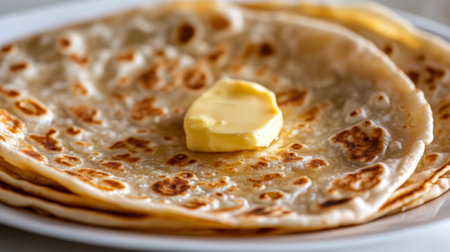 Close-up of a perfectly folded roti with visible layers, served on a clean white plate with a dollop of butter melting on topの素材