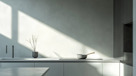 Close-up of a minimalist kitchen with clean lines, white cabinetry, and minimal decor, highlighting the simplicity and eleganceの素材