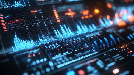 Close-up of a signal processing interface displaying electrical waveforms with various frequenciesの素材