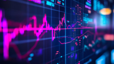 Close-up of a stock trading dashboard with multiple charts showing various stock performance metricsの素材