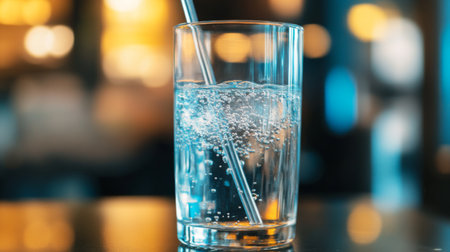 Close-up of a tall glass of water with a straw and a reflection on the surfaceの素材