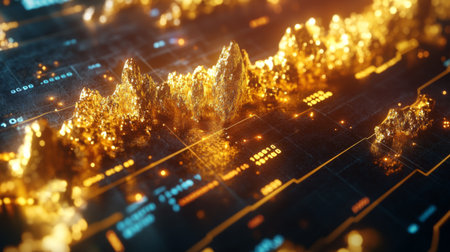 Close-up of a trading dashboard featuring a gold price graph with dynamic changes and historical dataの素材