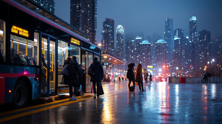 Close-up of a transportation hub with passengers boarding a modern bus and the city skyline in the backgroundの素材
