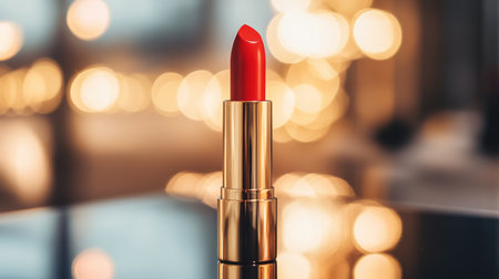 Close-up of a vibrant red lipstick with its bullet partially exposed, placed on a sleek vanity with a soft-focus backgroundの素材