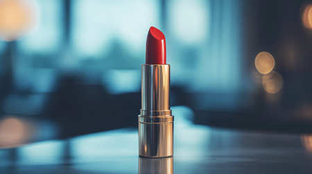 Close-up of a vibrant red lipstick with its bullet partially exposed, placed on a sleek vanity with a soft-focus backgroundの素材