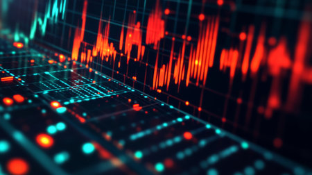 Close-up of a waveform on an audio analyzer screen, showing detailed peaks and troughs of electrical signalsの素材
