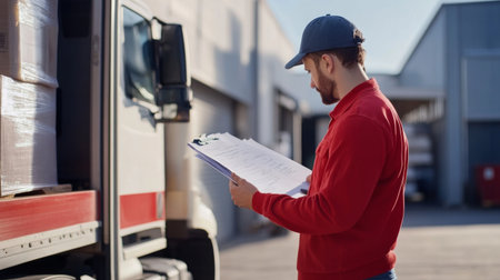 Close-up of a truck driver checking delivery paperwork at a loading dock, with emphasis on the truck and goodsの素材