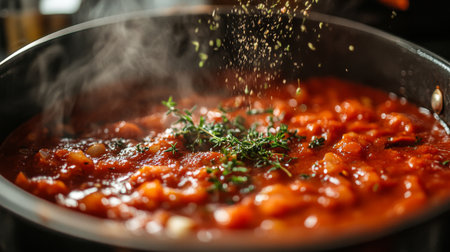 Close-up of bubbling tomato sauce in a pot, with fresh herbs being sprinkled in, warm and cozy kitchenの素材