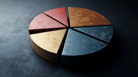 Detailed 3D pie chart with metallic textures, each segment separated slightly, dark backgroundの素材