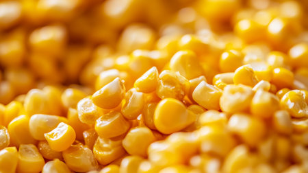 Close-up of corn kernels being prepared for a recipe, with a focus on the texture and natural colorsの素材