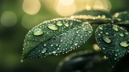 Close-up of delicate water droplets glistening on a green leaf, with sunlight creating a sparkling effectの素材