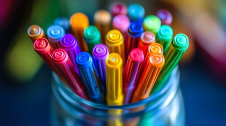 Close-up of colored pens in a glass jar, with their vibrant colors creating a visually appealing patternの素材