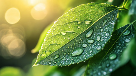Close-up of delicate water droplets glistening on a green leaf, with sunlight creating a sparkling effectの素材