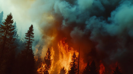 Close-up of thick, billowing smoke rising from a forest fire, with a dramatic backdrop of burning treesの素材