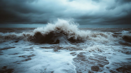 Close-up of powerful waves hitting the shore during a storm, with dramatic sky and turbulent watersの素材