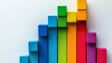 Creative bar graph made from colorful blocks, set against a white minimalist backgroundの素材