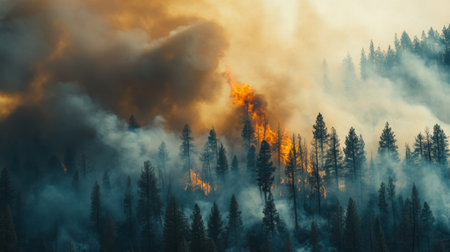 Close-up of thick, billowing smoke rising from a forest fire, with a dramatic backdrop of burning treesの素材