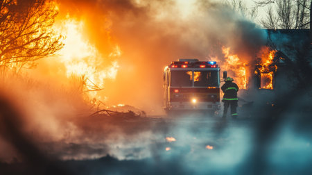 Close-up of smoke from a small building fire with intense flames and emergency responders working nearbyの素材