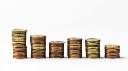 Creative bar chart with bars made of stacked coins, representing financial growth, white backgroundの素材