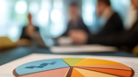 Colorful pie chart in the foreground with blurred business meeting in the backgroundの素材