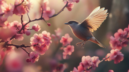 Detailed shot of a bird flying close to a blooming tree, with flowers and bird in sharp focusの素材