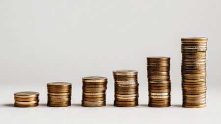 Creative bar chart with bars made of stacked coins, representing financial growth, white backgroundの素材