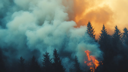 Close-up of thick, billowing smoke rising from a forest fire, with a dramatic backdrop of burning treesの素材