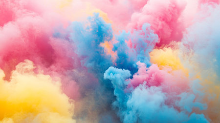 Colorful smoke bombs releasing vibrant clouds of pink, blue, and yellow smoke, creating a playful and artistic display.の素材