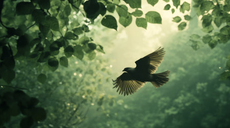 Detailed shot of a bird flying through a forest, with trees and leaves creating a natural backdropの素材