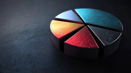 Detailed 3D pie chart with metallic textures, each segment separated slightly, dark backgroundの素材