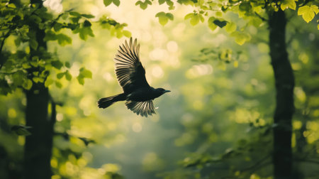 Detailed shot of a bird flying through a forest, with trees and leaves creating a natural backdropの素材