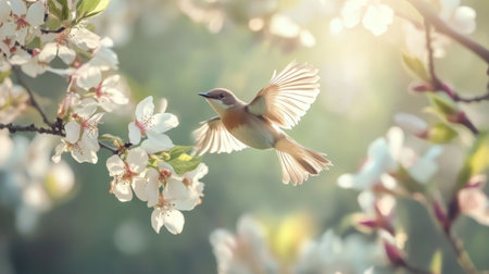 Detailed shot of a bird flying close to a blooming tree, with flowers and bird in sharp focusの素材