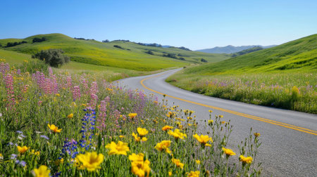 Close-up of a picturesque road meandering through rolling hills with vibrant wildflowers and clear blue skiesの素材