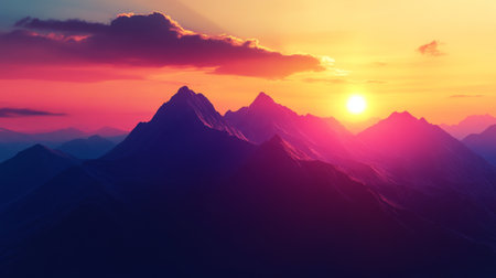 Close-up of a mountain range silhouetted against a vibrant sunset, with the sun dipping behind the peaksの素材