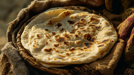 Close-up of a perfectly cooked roti with a slightly charred surface, resting on a traditional cloth with a rustic backdropの素材