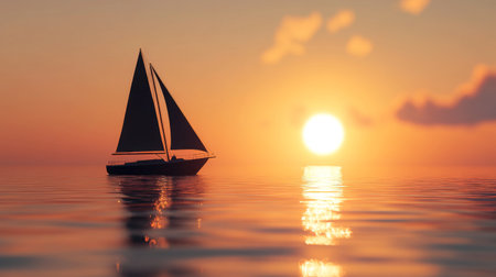 Close-up of a sailboat silhouette on the horizon with a glowing sunset and calm waters reflecting the sunの素材