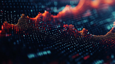 Close-up of a waveform on an audio analyzer screen, showing detailed peaks and troughs of electrical signalsの素材