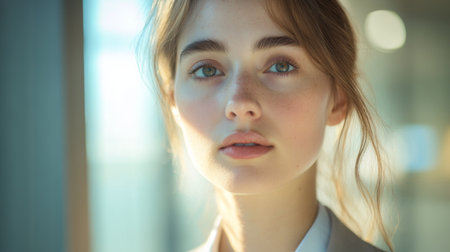 Close-up of a young businesswoman with a focused look, wearing a blazer and with natural lighting highlighting her featuresの素材